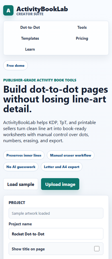 ActivityBookLab mobile editor view for creating printable connect-the-dots worksheets